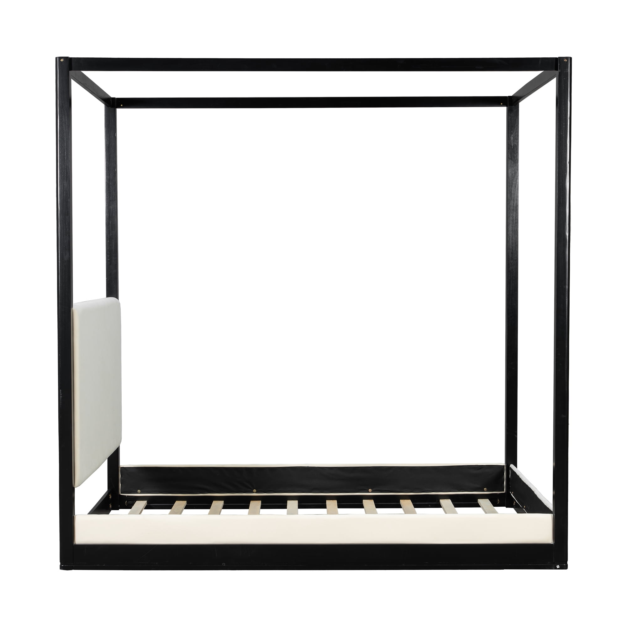 Euroco Wood Queen Size Canopy Bed with Upholstery Headboard, Black