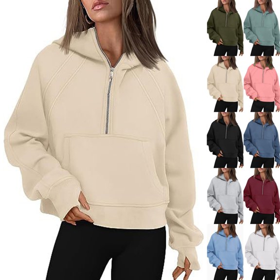 Womens Sweatshirts Half Zip Fleece Pullover Fall Outfits | Fall Fashion Clothes 2026,Cropped Sweatshirts,Cute Y2k Tops,Winter Loungwear Outfits Beige XL