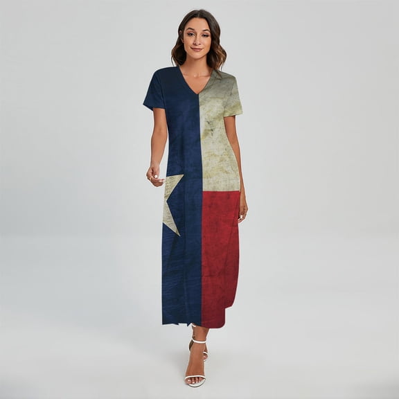 Texas Flag Printed Short Sleeve Maxi Dress, American Flag Fashion Summer Maxi Dress For Women. Gifts For Us Independence Day, 4Th Of July