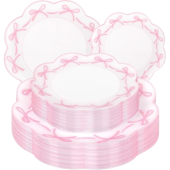 60 Pcs Pink Bow Plastic Plates Set – 10.25 Inch Dinner and 7.5 Inch Dessert Disposable Heavy Duty Scalloped Tableware