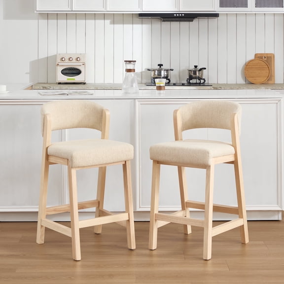 ONEVOG Kitchen Mid-Century Wooden Counter Height Bar Stools Set of 2, 26.2 Inch Upholstered Linen Chairs with Back, Beige