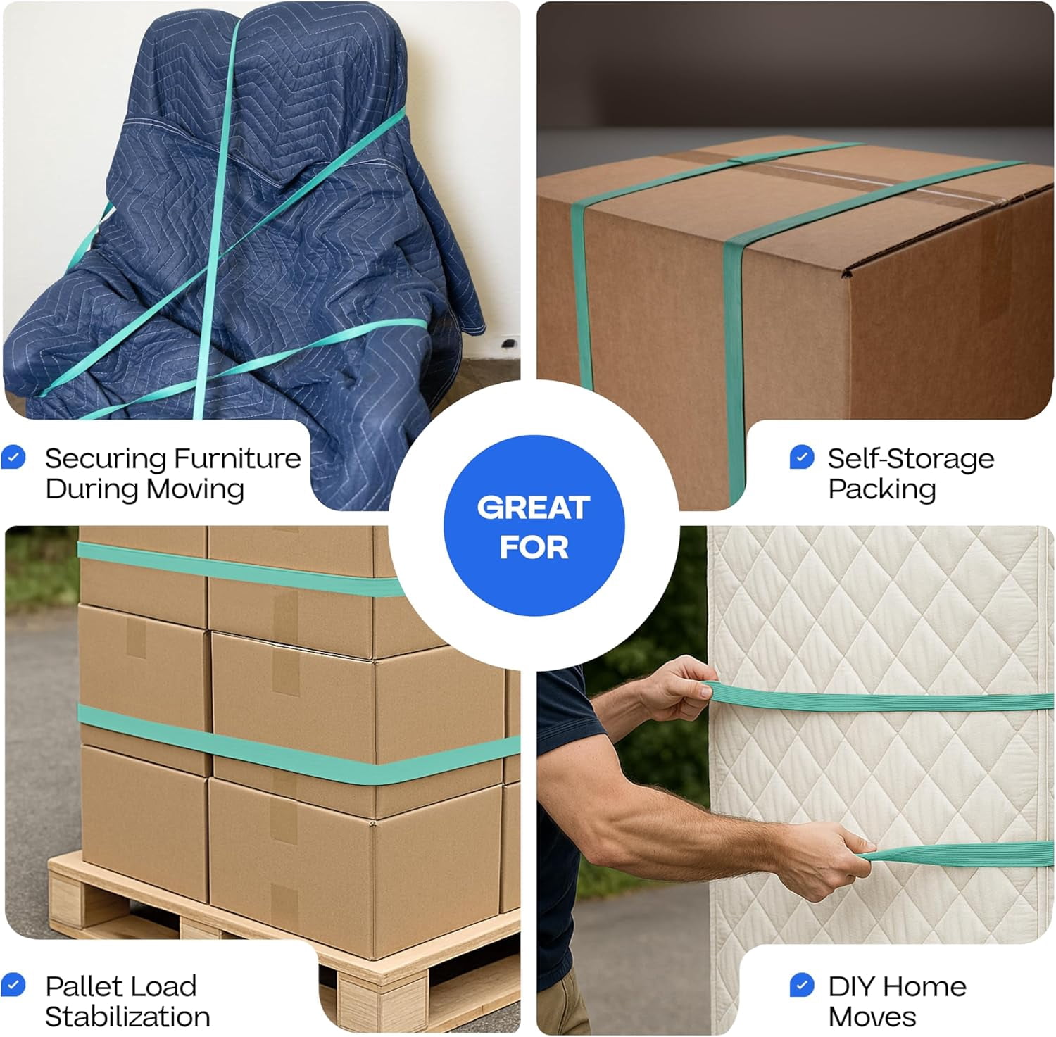 IDL Packaging Green Moving Bands 30", Pack of 96 - USA-Made Mover Rubber Straps for Furniture, Boxes & Moving Blankets