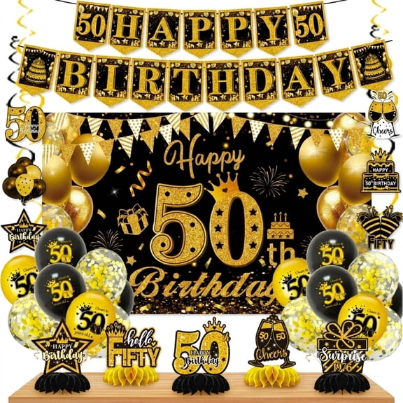 50th Birthday Decorations for Women & Men, Black and Gold 50th Birthday Party Supplies Set with Happy 50th Birthday Banner, Balloons, Hanging Swirls, Table Signs – 39PCS