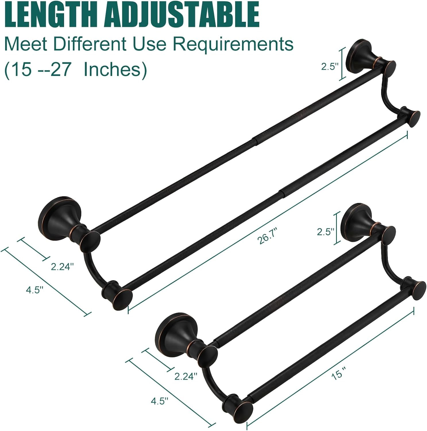Adjustable Retractable 15-27 Inches Stainless Steel Bathroom Towel Bar, Bathroom Accessories Bath Hotel Double Towel Bar Rod Hanger Wall Mounted Towel Holder Towel Rack, Oil Rubbed Bronze