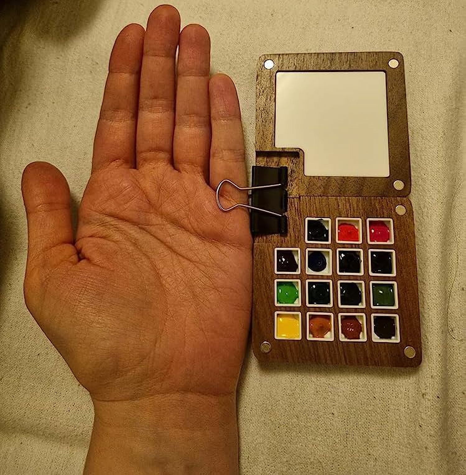 Portable Sketchbook 15 Grids Wooden Mini Travel Paint Magnetic Box for Watercolor Painting, Acrylic Painting Paint Saver with Lid and Mixing Tray