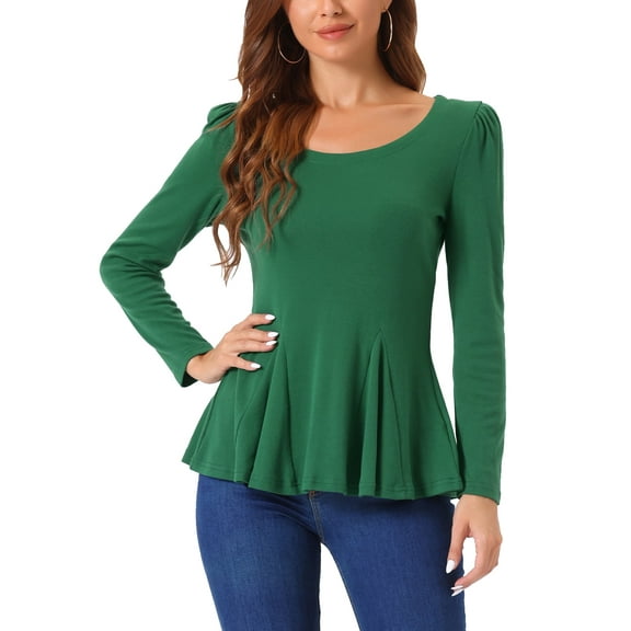 INSPIRE CHIC Women's Long Sleeves Scoop Neck Casual Peplum Shirt M Dark Green
