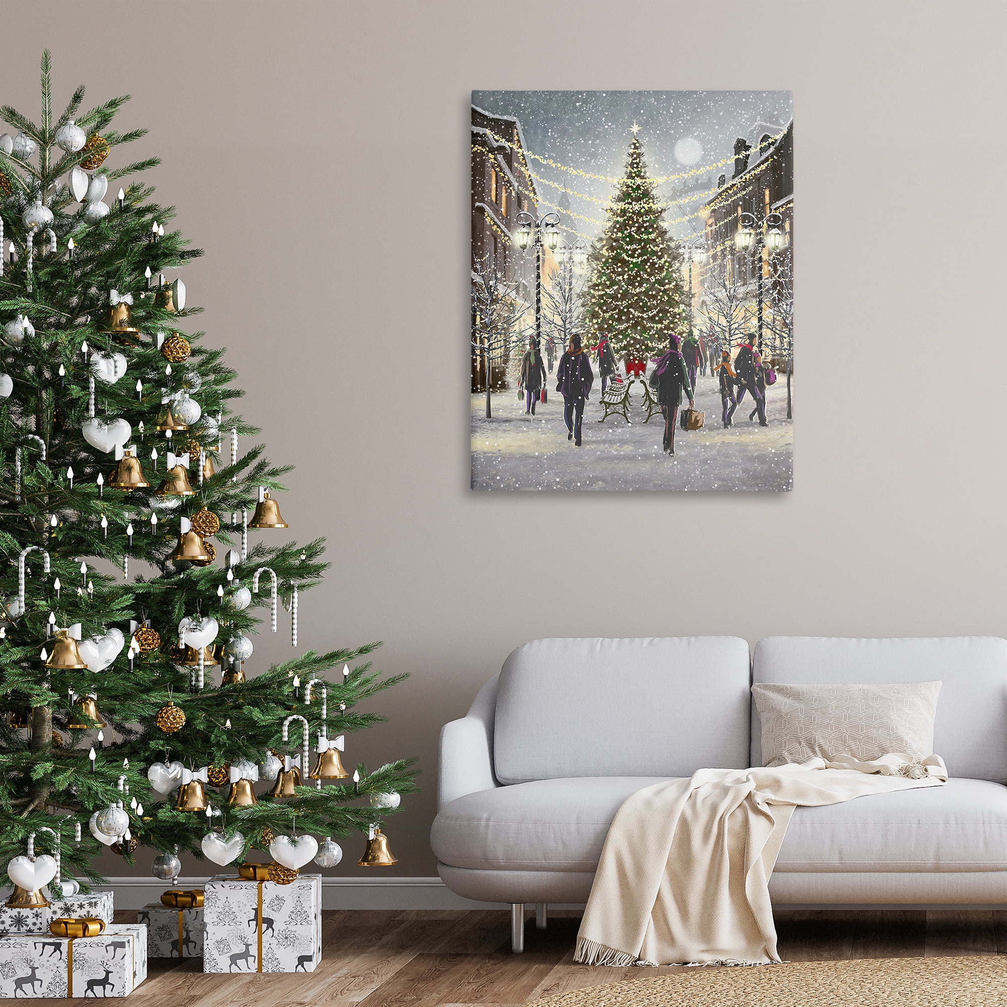 Stupell Industries Town Christmas Tree Holiday Painting Gallery Wrapped Canvas Art Print Wall Art, 36 x 48