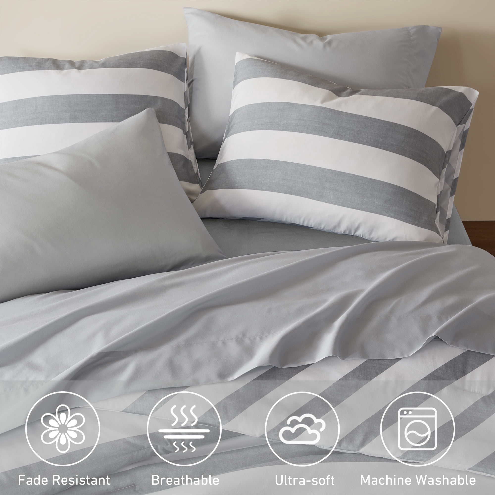 Regency Heights Essential Full Size Comforter Sets, 7-Piece Bed in a Bag Full, Reversible Striped Comforter Bed Set with Sheets, Grey