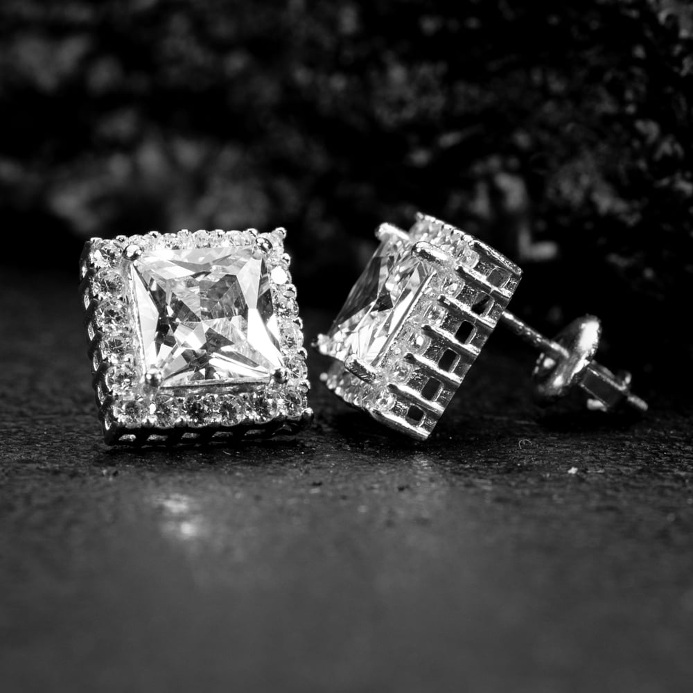 White Gold 925 Sterling Silver Unisex Square Princess Cut Halo Stud Screw Back Earrings