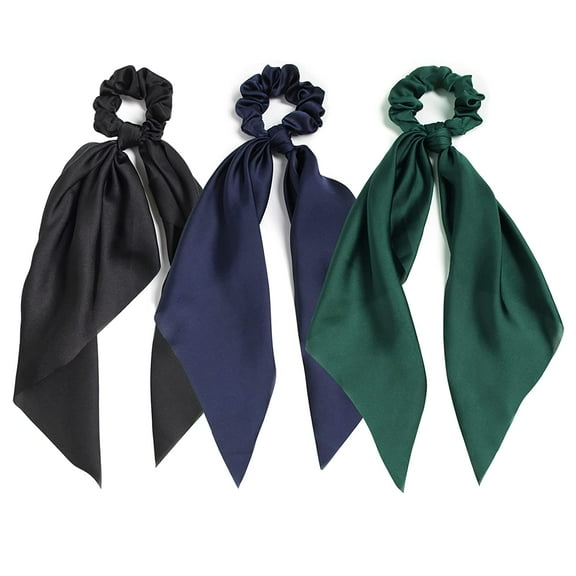 3PCS Hair Scarf Scruncheis for Women Knotted Bow Hair Ties Elastic Bands Satin Hair Ribbon Scrunchy Red Ponytail Holder for Women and Girls (Navy Black Green)