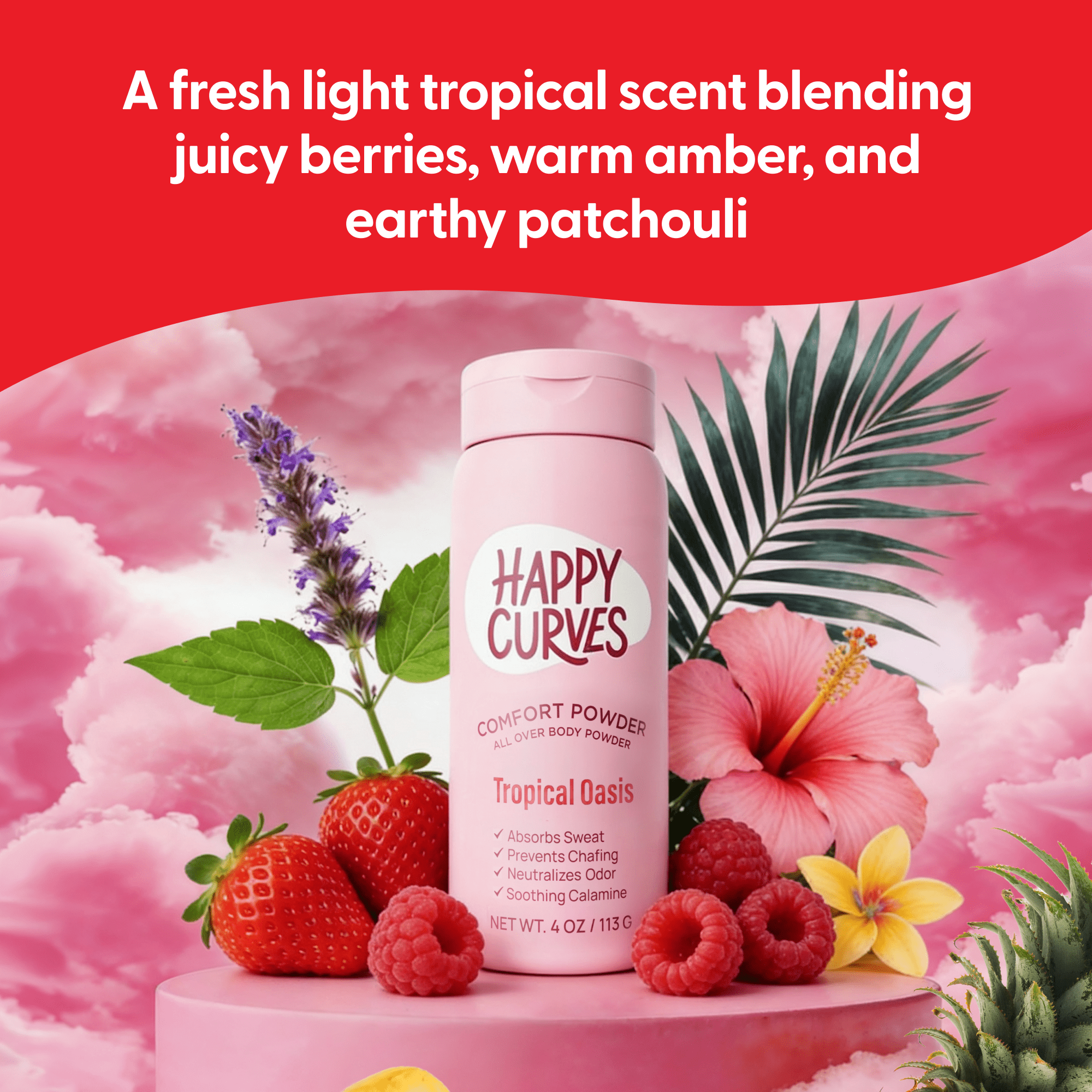 (3 pack) Happy Curves Comfort Powder, Talc & Aluminum Free Deodorant for Women, Tropical Oasis, 4 oz