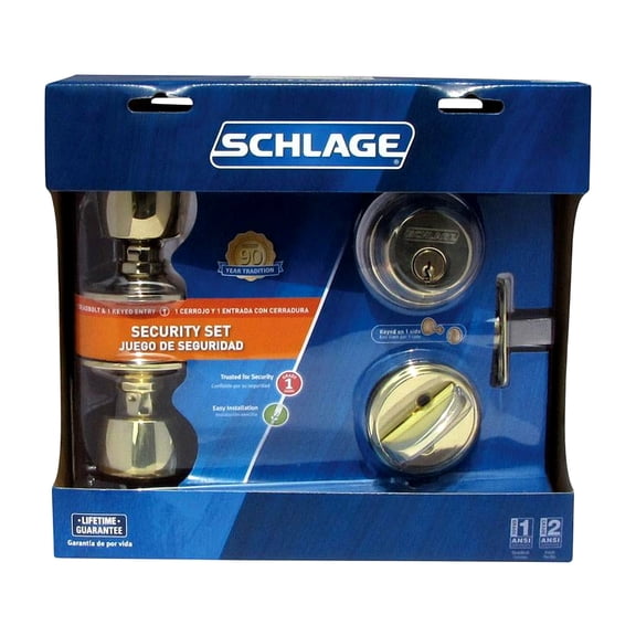 Schlage Bell Bright Brass Knob and Single Cylinder Deadbolt 1-3/4 in.