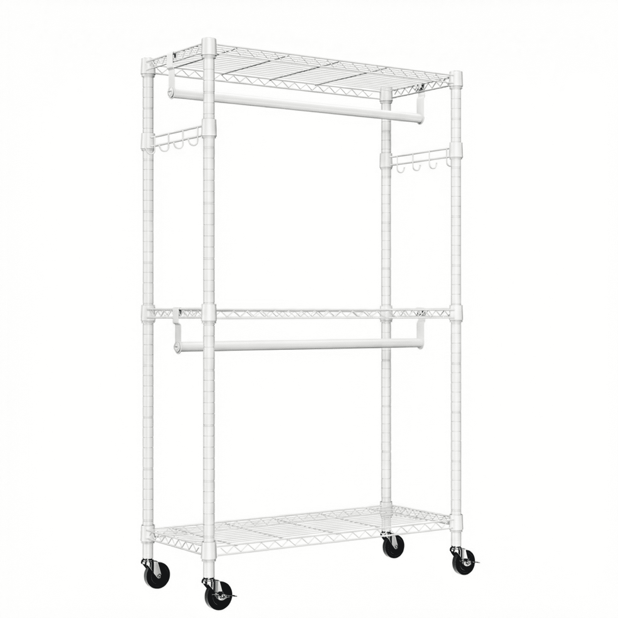 Heavy Duty Rolling Garment Rack 3 Tiers Adjustable Wire Shelving Clothes Rack with 2 Rods and Side Hooks, Storage Closet Clothing Rack with Wheels White 15.7" D x 29.5" W x 74.5" H