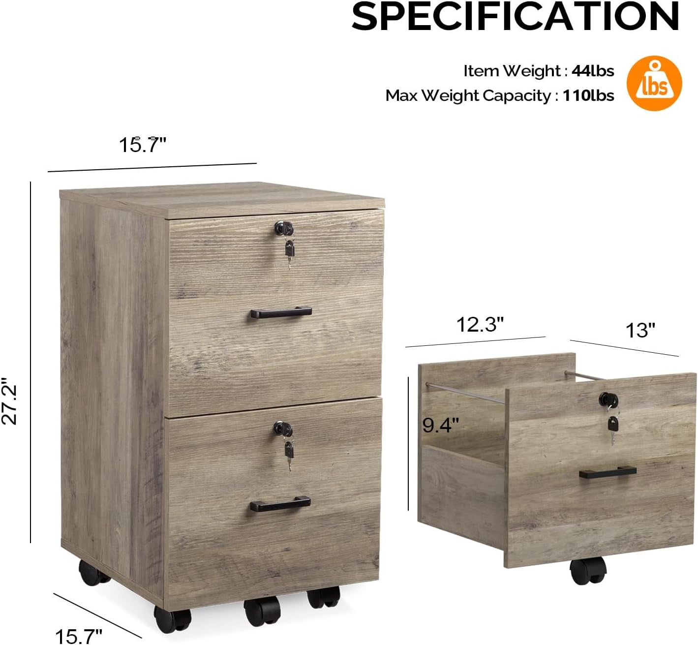 2 Drawer File Cabinet with Lock,  Filing Cabinet for Letter Size File Folders with Tabs, Under Desk Rolling File Cabinets for Home Office, Mobile File Organization Printer Stand