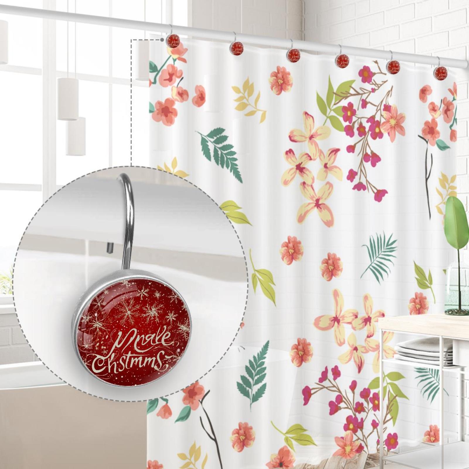 Merry Christmas Snowflakes Red Shower Curtain Hooks Round Crystal Glass, Set of 12 Shower Curtain Rings - Shower Hooks for Curtain Shower Rings