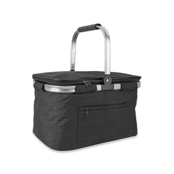 Large Picnic Basket, 30L Insulated Picnic Basket with Lid, Leak-Proof Folding Picnic Basket with Handle, Insulated Cooler Bag for Shopping Travel Camping Grocery(Black, 16.9x11x9.8 in)