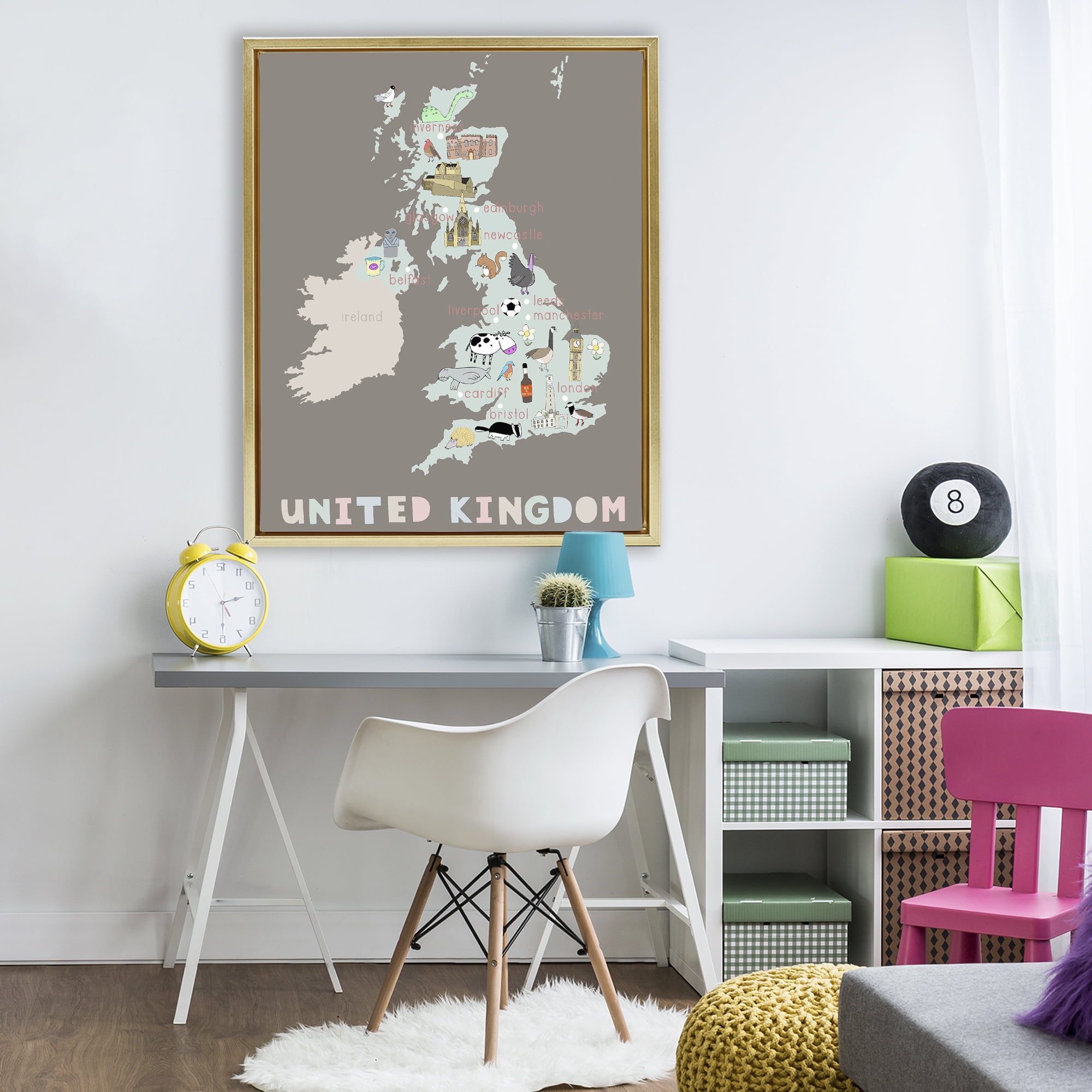 Kid's Map of United Kingdom Gold Framed Floater Canvas Wall Art, design by Carla Daly