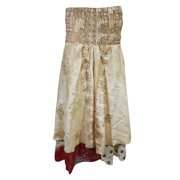 Mogul Womens Vintage Beige Silk Sari Two Layer Printed Recycled TWO In ONE Dress And Maxi Skirts