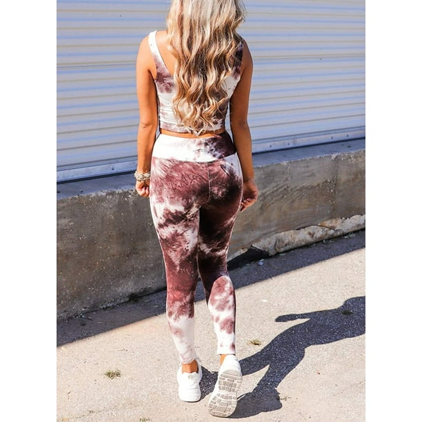 Women Tie Dye Workout Set Outfit High Waist Athletic Leggings and