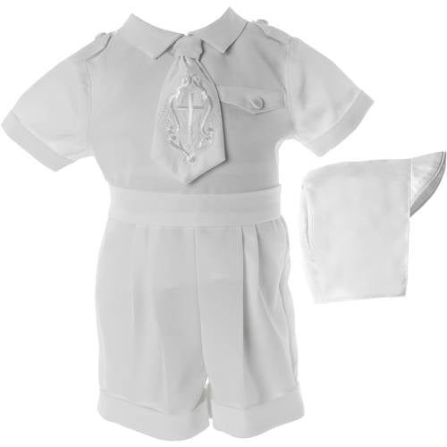 M White Embroidered Shantung Chistening Baptism Vest and Short Set with Bowtie and Hat 6-9 Month 