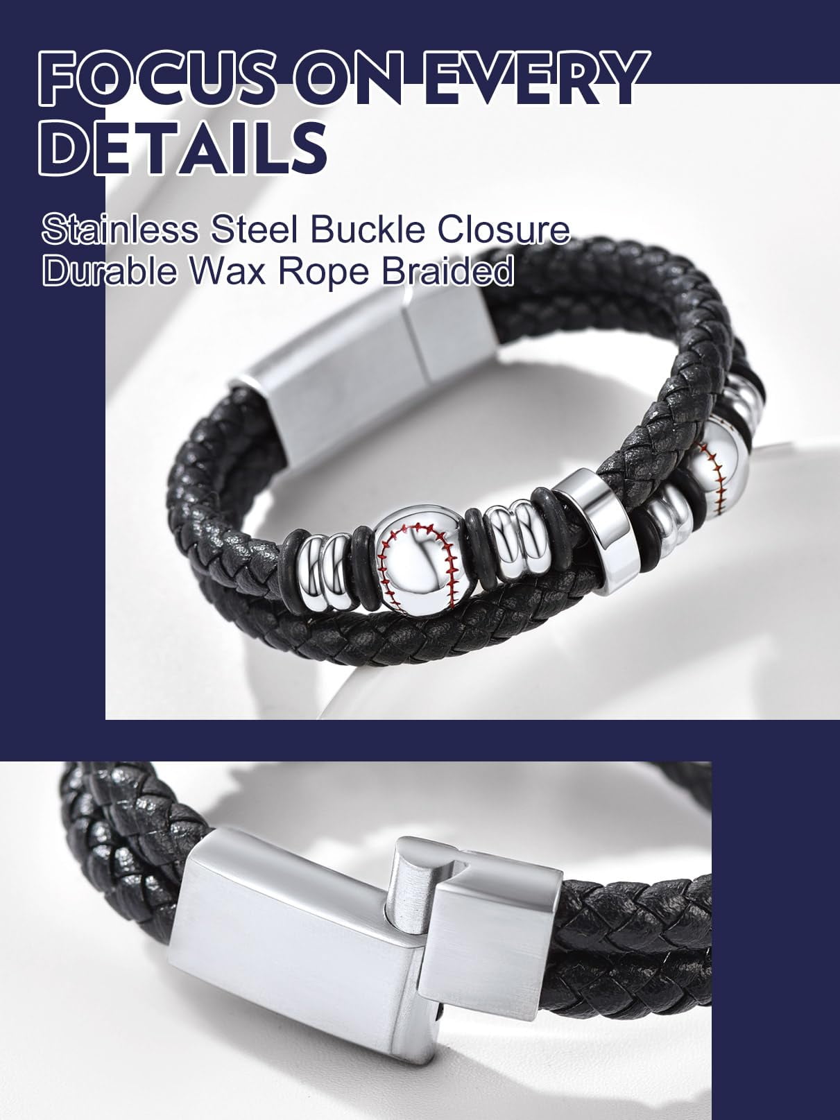Bandmax Black Leather Bracelets for Men Double-Layer Baseball Braided Rope Bracelet with Stainless Steel Baseball Beads Wristband Wrist Bangle for Birthday Gift