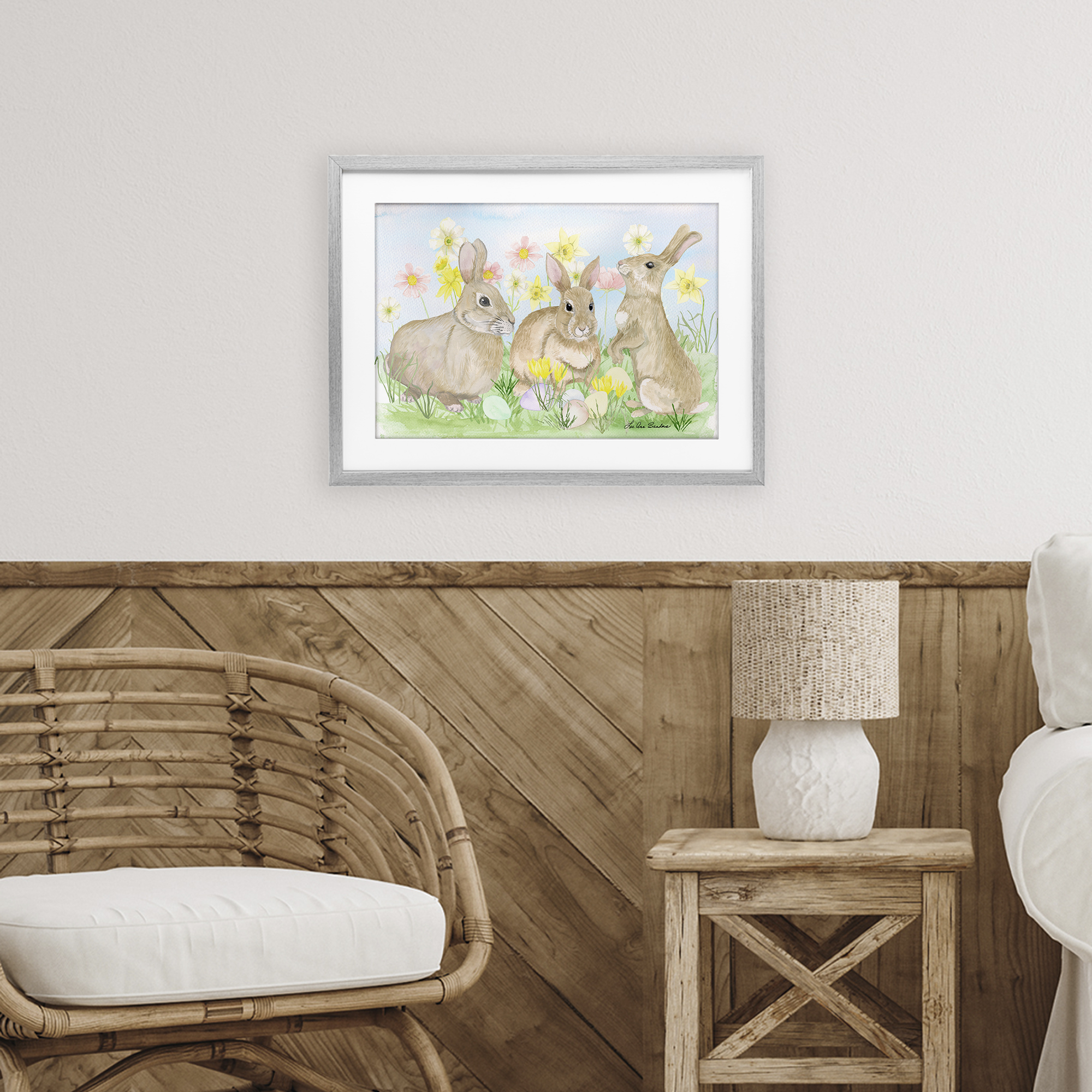 Three Bunnies In The Grass Gray Framed Print Under Glass, design by Lee Ann Sanders