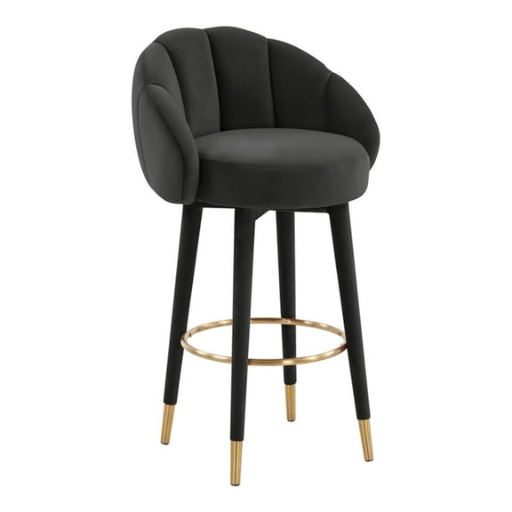Pemberly Row 30.8" Swivel Modern Velvet and Pine Wood Bar Stool in Black