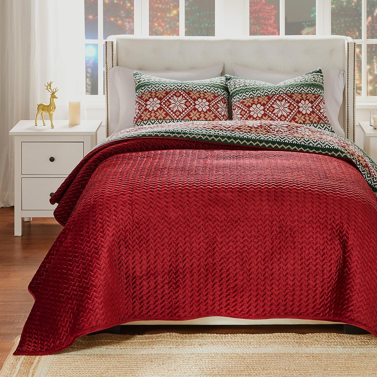 Greenland Home Fashions Fair Isle Reindeer/Snowflake Velvet-Lined Quilt Set, 2-Piece Twin/XL