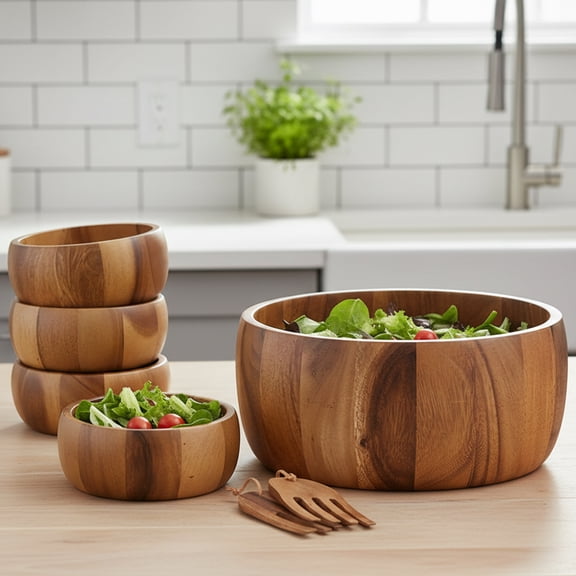 Woodard & Charles 7 Piece Acacia Wood 12" Salad Bowl Serving Set