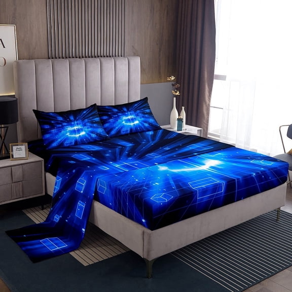 Erosebridal Geometric Buffalo Sheet Set Twin,Black Blue Bedding Sets Twin Size,Futuristic Cubes Twin Sheet Sets,Microfiber Plaid Room Decoration,3pcs