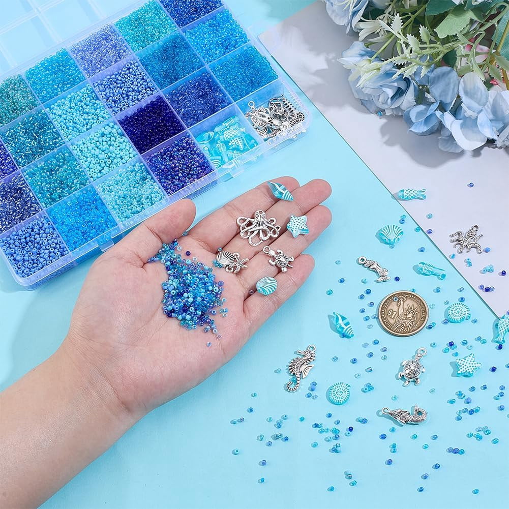 PH 22060pcs Blue Seed Beads Kit 22 Colors 2mm Mini Glass Beads Ocean Jewelry Making Kit Animal Charms Acrylic Beads Waist for Making Bracelet Necklaces Earring colorful DIY