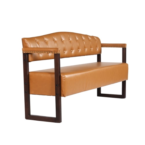 57.83" Waiting Room Bench, Mid-Century Modern Reception Sofa with Tufted Backrest and Nailhead Trim, Black PU Leather Commercial Waiting Bench for Beauty Salon, Spa, Office, Barber Shop, Dark Brown