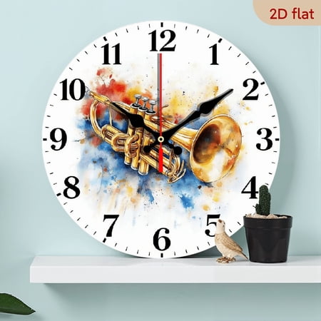 10-inch 2D flat Musical Instruments theme wooden circular silent wall clock, suitable for modern home art decoration, wall decoration, it is an ideal gift for festivals and birthdays