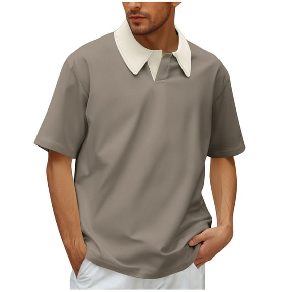 ohmzyzo Men's Polo Shirts Big and Tall Short Sleeve Loose Fit V Neck Tshirts Color Block Golf Tennis Collared Work T-Shirt Gray XXL