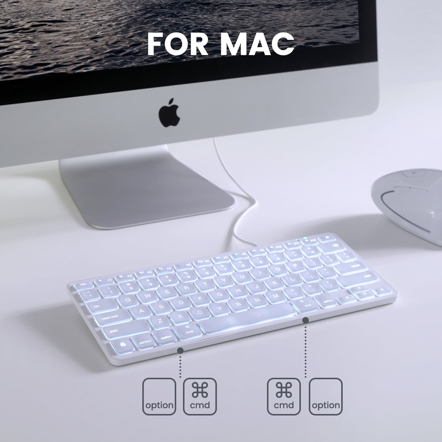 Perixx PERIBOARD-332MW Wired Backlit Scissor Keyboard - Compatible with Mac OS X and iOS Device - Mini 11.22x4.57x0.83 Inches - Scissor Keys with Big Font - White Backlit
