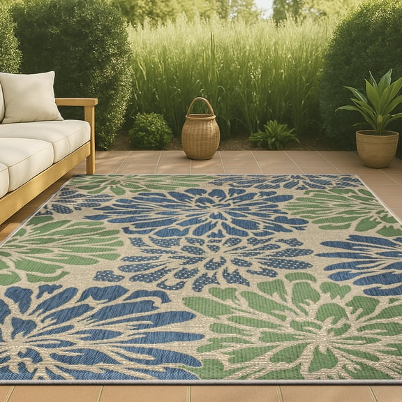 JONATHAN Y SANTA MONICA 10 x 14 Area Rug, Zinnia Floral Textured Weave - Navy/Green, SMB110B-14