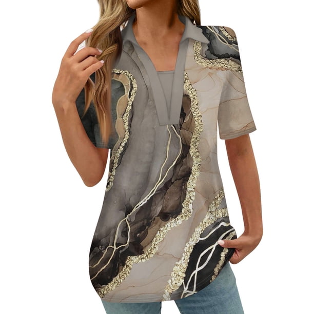 Tops Cortos para las Mujeres Blusas Impresas Manga Corta Turndown Collar Camiseta, Tops de Blusa para las Mujeres Casual