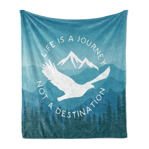 Saying Soft Flannel Fleece Blanket, Hand Drawn Life is a Journey Words with Mountains and Eagle Silhouette, Cozy Plush for Indoor and Outdoor Use, 50" x 70", Blue Pale Blue and White, by Ambesonne