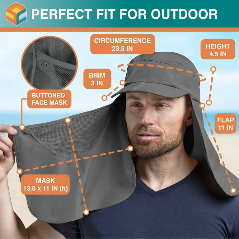 Sun Cube Fishing Sun Hat with Neck Flap for Men UV Protection Cover Outdoor Bucket Cap with Face Covering for Hiking Running (Grey)