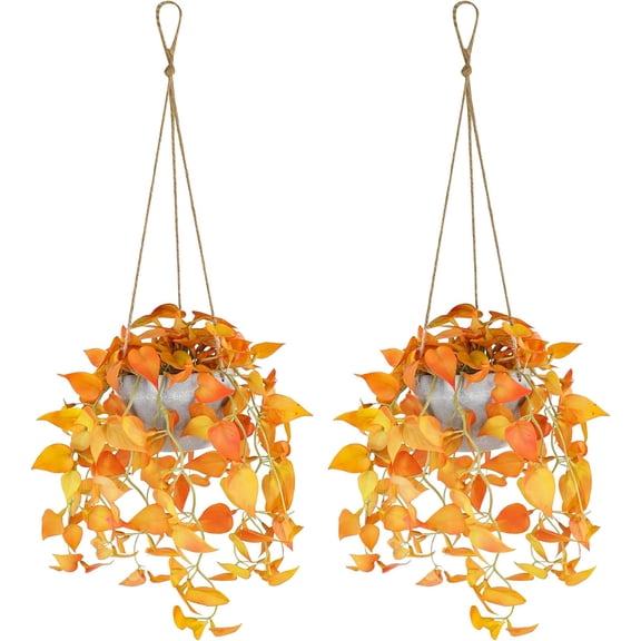 Autumn Fake Hanging Plants with Pot, 2 Pack Artificial Hanging Plants, Faux Anthurium Leaf Hanging Basket Plant for Wall Home Room Indoor Outdoor Office Decor