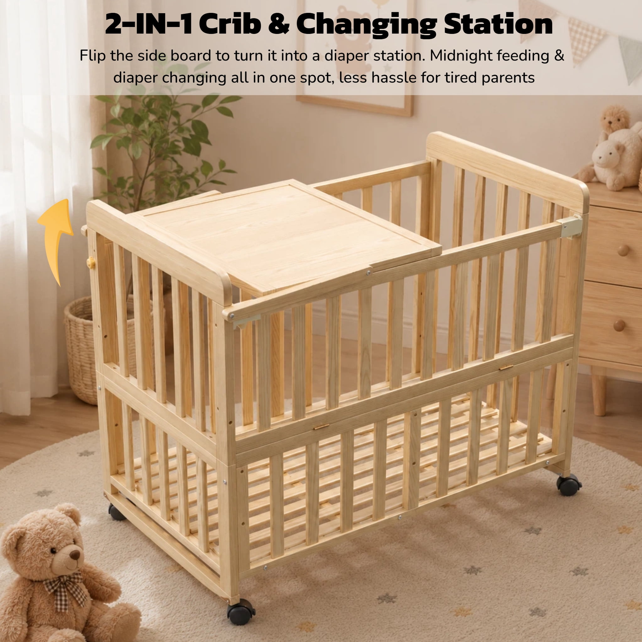 Mintazer Convertible Kids Crib with Changing Station & Height Adjustable, Bedside Bassinet with Lockable Wheels for Newborn Toddler, Natural (Mattress Included)