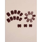 Wine-red Glamour Press-On Nails - 24PCS Short Square, Minimalist Style, Non-Toxic & Reusable