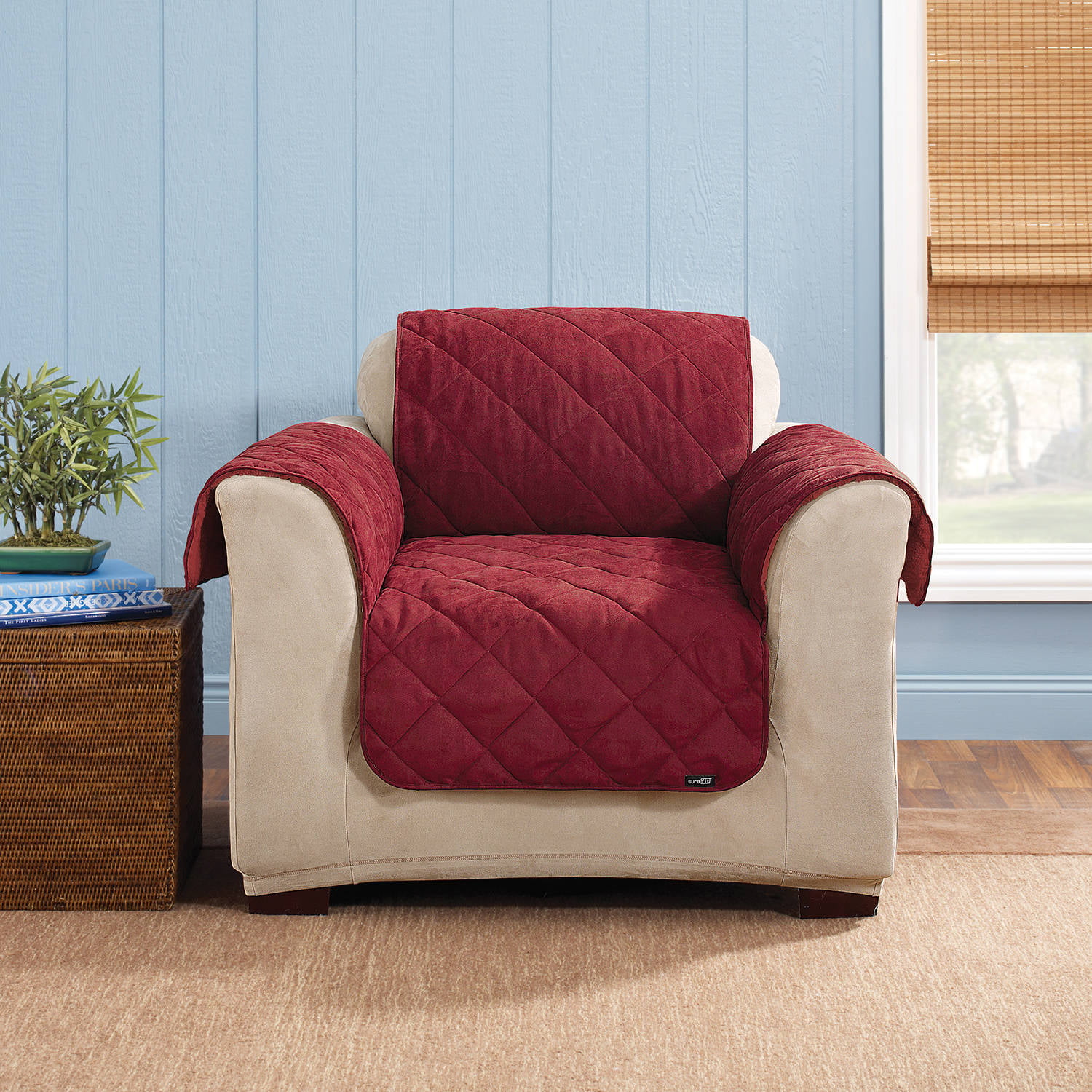 Sure Fit Suede and Sherpa Reversible Chair Furniture Cover in Burgundy 