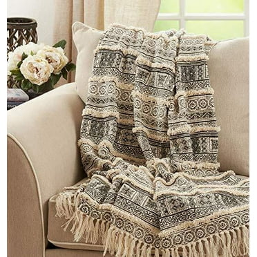 Fennco Styles Block Print Embellished Cotton Throw Blanket with Tassel 50" W x 60" L – Black Tufted Blanket for Couch, Bedroom and Living Room Décor