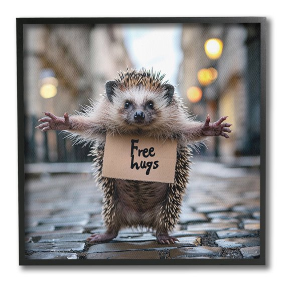 Stupell Industries Free Hugs Hedgehog Animals & Insects Painting Black Framed Art Print Wall Art, 12 x 12