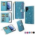 thumbnail image 1 of SaniMore for Samsung Galaxy S22 Ultra Star Laser Engraving Case, Magnetic Flip Zipper Wallet Cover Support Wrist Strap Card Slot & Kickstand Shockproof Protective Shell for Girls Ladies, Skyblue, 1 of 8