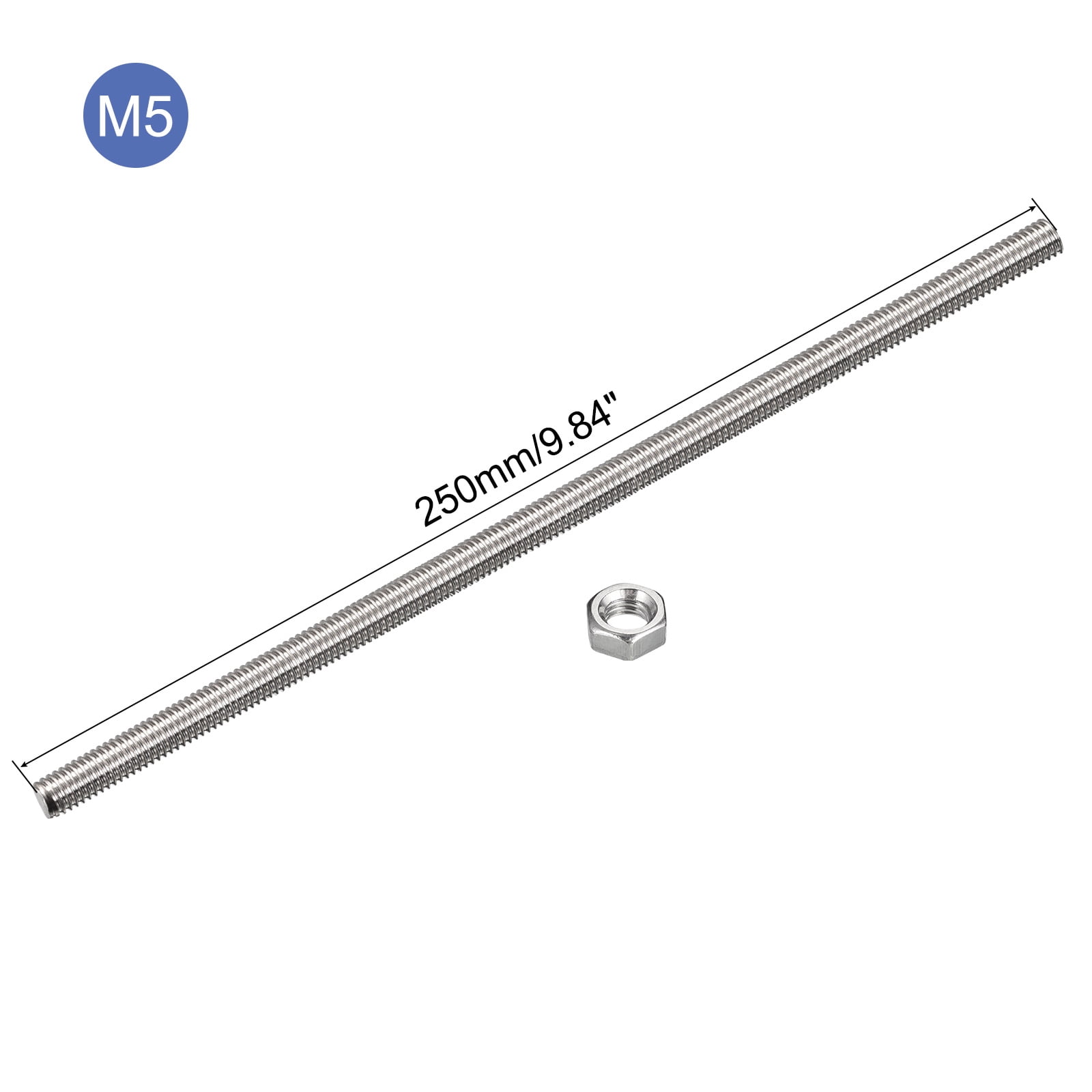 Uxcell 24Pack M5 x 250mm Fully Threaded Rod w 24Pack Hex Nuts, 0.8mm Pitch 304 Stainless Steel Right Hand Threaded Rod