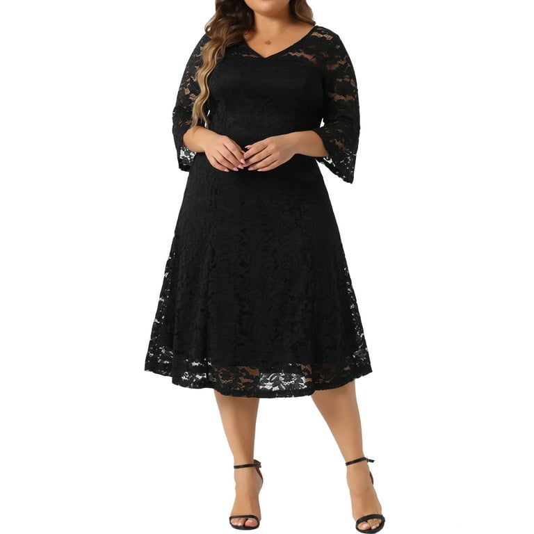Agnes Orinda Women's Plus Size Lace Dress V-Neck 3/4 Sleeve Midi