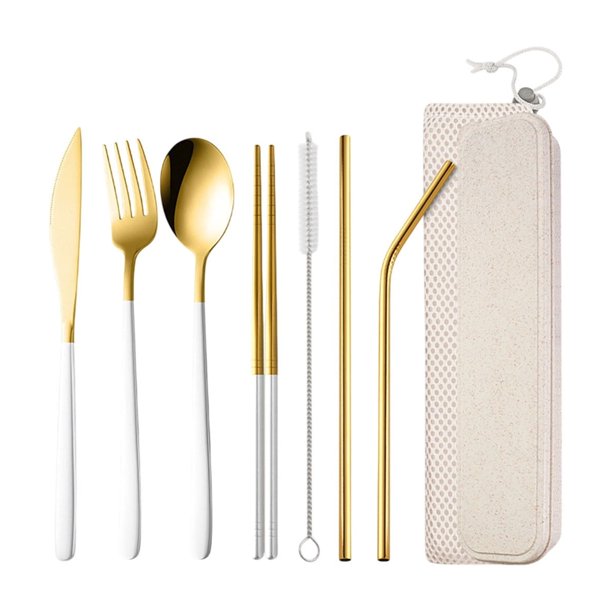 Juego de cubiertos portátil de 7 piezas de acero inoxidable con estuche de almacenamiento. Juego de utensilios de viaje para acampar al aire libre. Incluye cuchillo, tenedor, cuchara, palillos, pajit