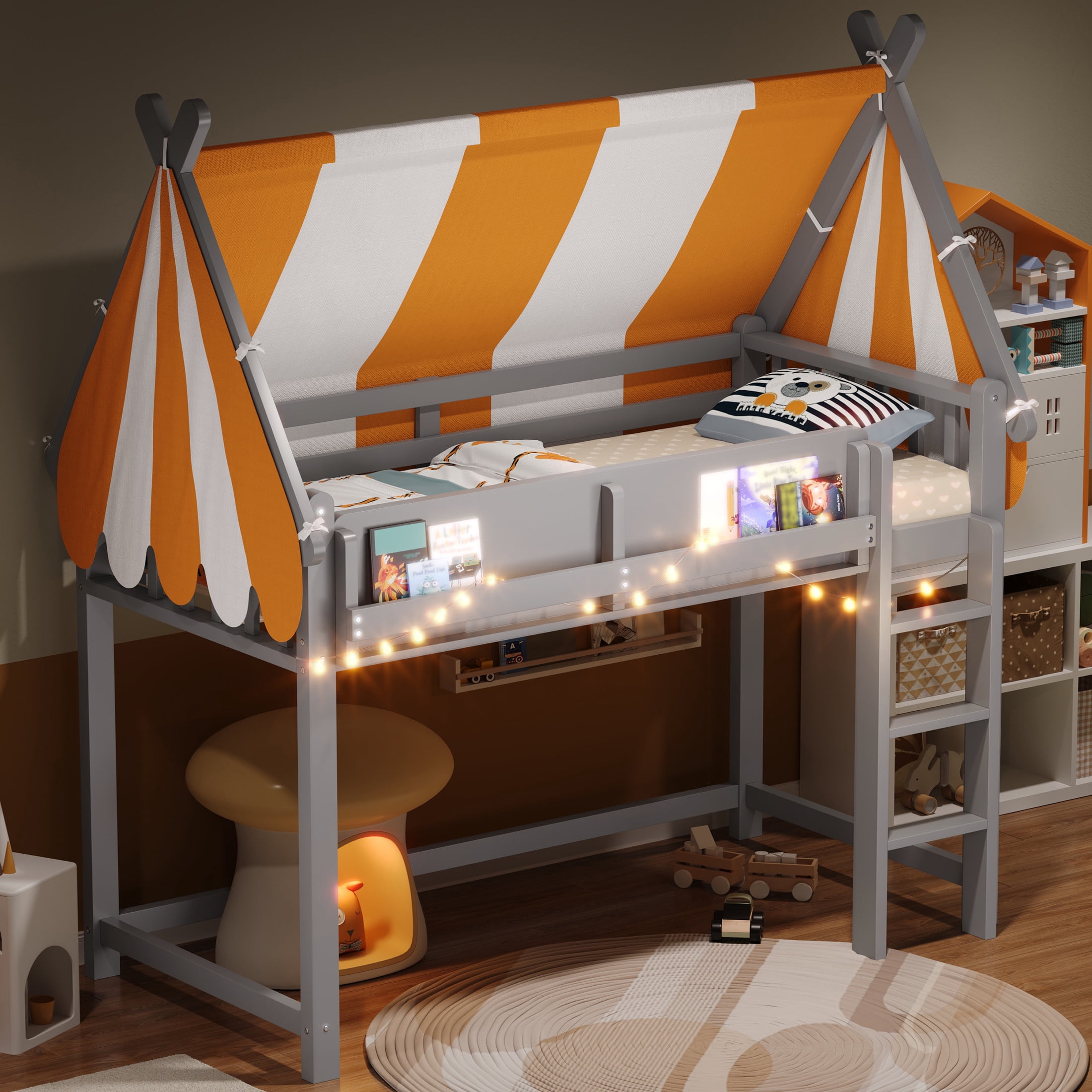Noble House Sidney Twin Size Loft Bed with Canopy and LED Lights, Wood Loft Bed with Bookshelf, Playful Design, Gray